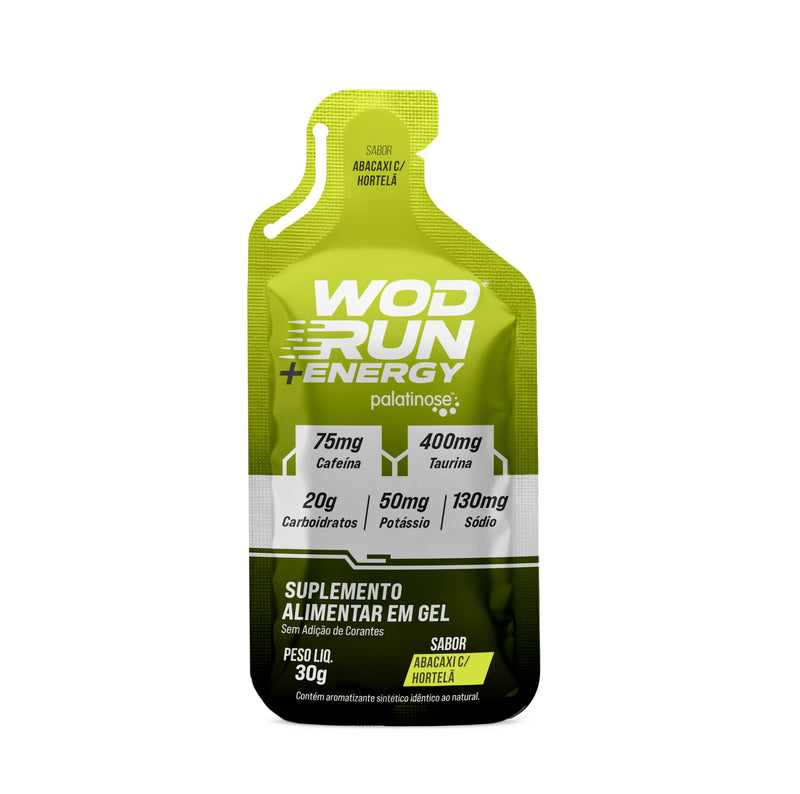 Energy Gel Wod Run+  30g - Display C/ 10 Unidades - Abacaxi C/ Hortelâ - Com Cafeína, Taurina e Carboidratos Palatinose, Maltodextrina e Frutose.