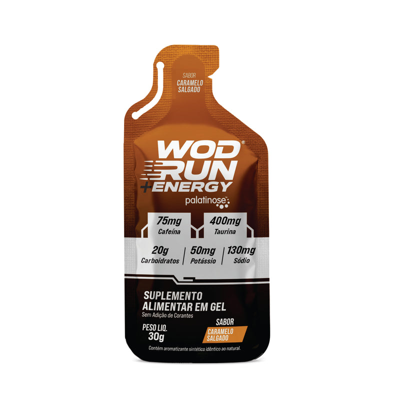 Energy Gel Wod Run+  30g - Display C/ 10 Unidades - Caramelo Salgado - Com Cafeína, Taurina e Carboidratos Palatinose, Maltodextrina e Frutose.