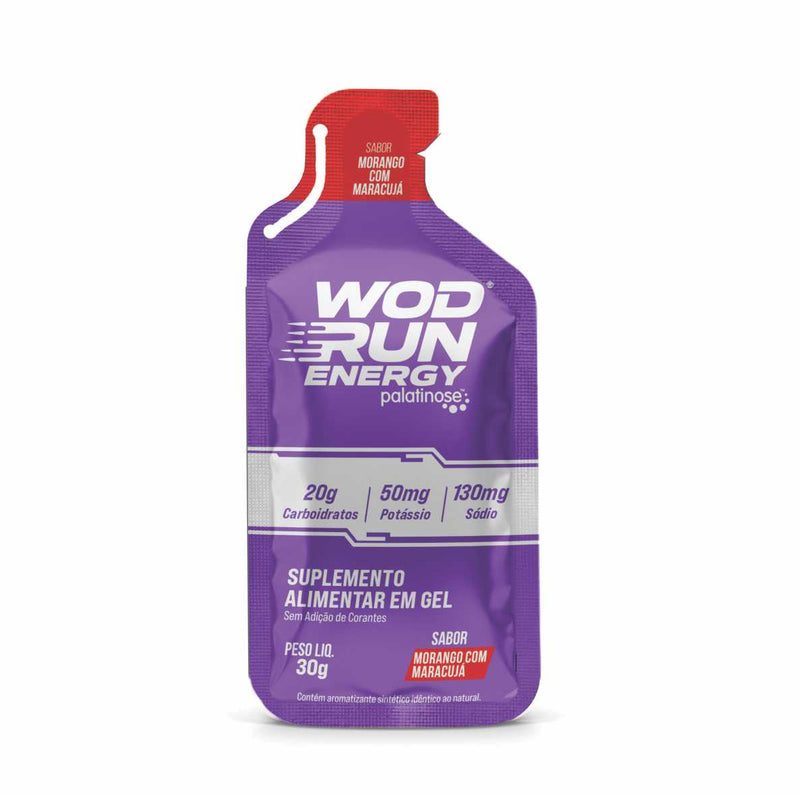 Energy Gel Wod Run 30g - Display C/ 10 Unidades - Morango C/ Maracujá - Carboidratos Palatinose, Maltodextrina e Frutose.