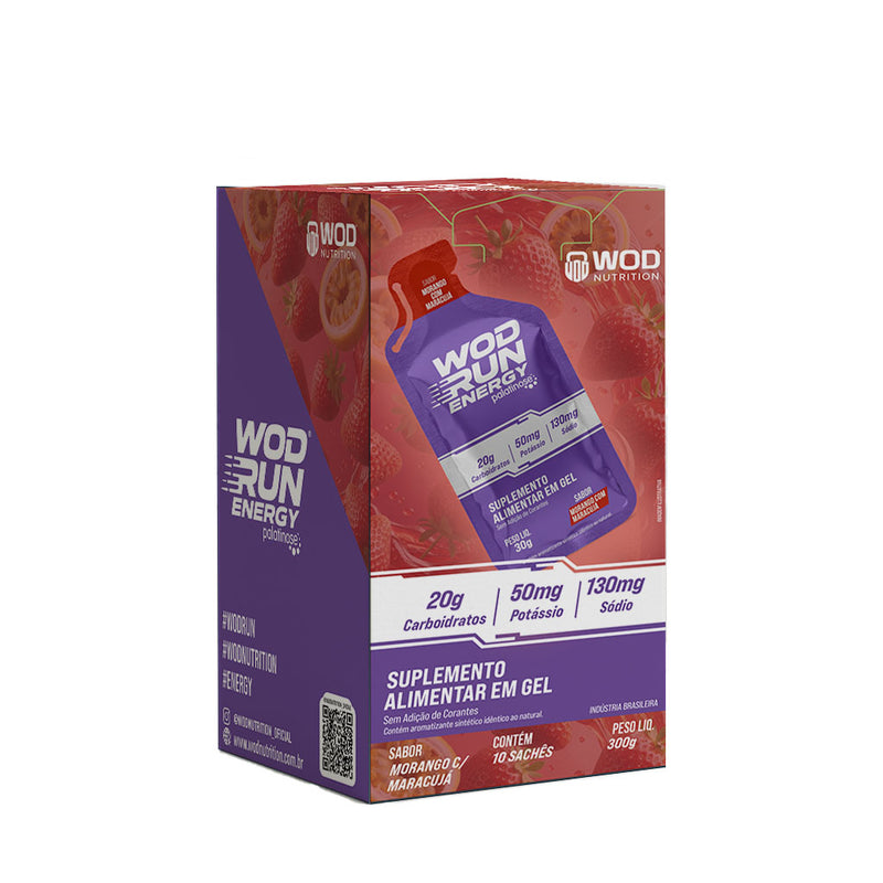 Energy Gel Wod Run 30g - Display C/ 10 Unidades - Morango C/ Maracujá - Carboidratos Palatinose, Maltodextrina e Frutose.