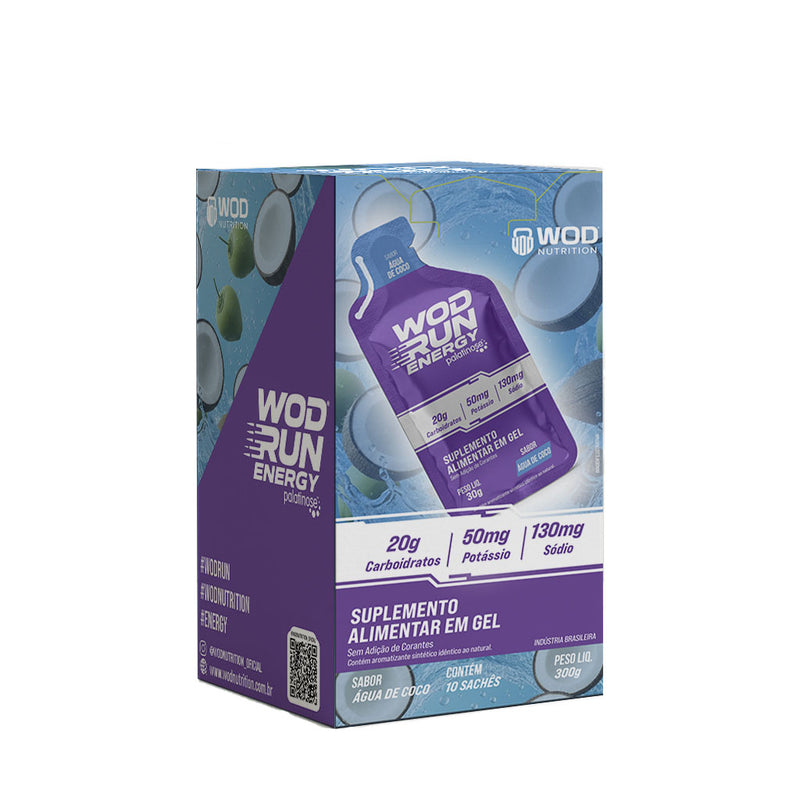 Energy Gel Wod Run 30g - Display C/ 10 Unidades Água de Coco - Carboidratos Palatinose, Maltodextrina e Frutose.