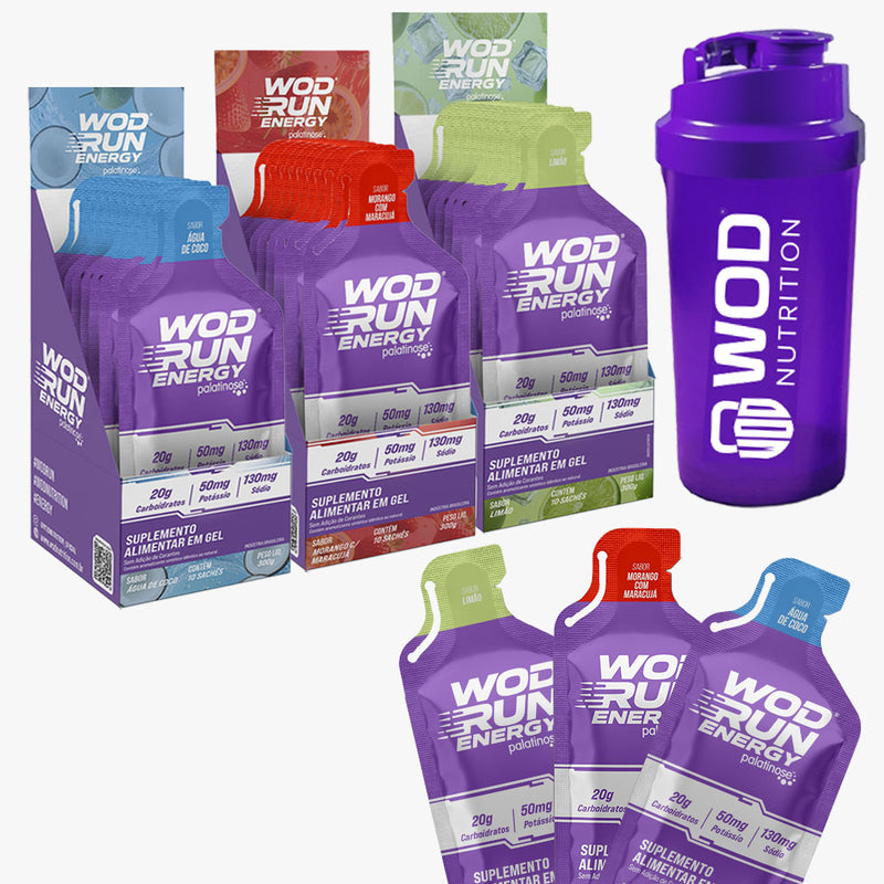 Kit Energy Gel Wod Run 30g - 3 Displays C/ 10 Unidades - Carboidratos Palatinose, Maltodextrina e Frutose -Brinde coqueteleira -  Wod Nutrition