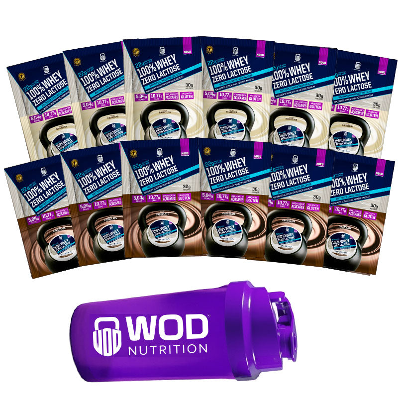 Kit Whey Zero Lactose 100% Puro – 12 Sachês 30g + Coqueteleira grátis–  WOD Nutrition