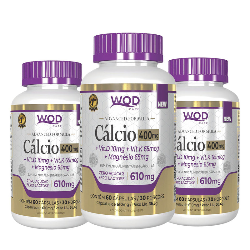 Kit 3 uni. Cálcio 400mg + Vit.D10mg + Vit.K 65mcg+ Magnésio 65mg (60 Cápsulas de 610mg)