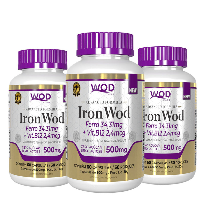 Kit 3 uni. Iron Wod Ferro 34,31mg + Vit.B12 2,4mcg (60 Cápsulas de 500mg)
