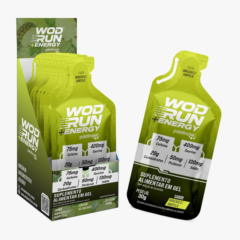 Energy Gel Wod Run+  30g - Display C/ 10 Unidades - Abacaxi C/ Hortelâ - Com Cafeína, Taurina e Carboidratos Palatinose, Maltodextrina e Frutose.