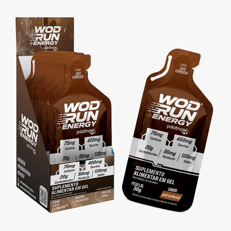Energy Gel Wod Run+  30g - Display C/ 10 Unidades Café Expresso - Com Cafeína, Taurina e Carboidratos Palatinose, Maltodextrina e Frutose. (Cópia)