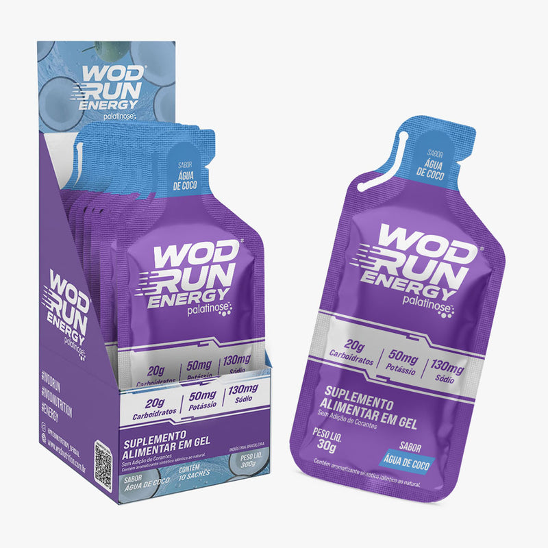 Energy Gel Wod Run 30g - Display C/ 10 Unidades Água de Coco - Carboidratos Palatinose, Maltodextrina e Frutose.