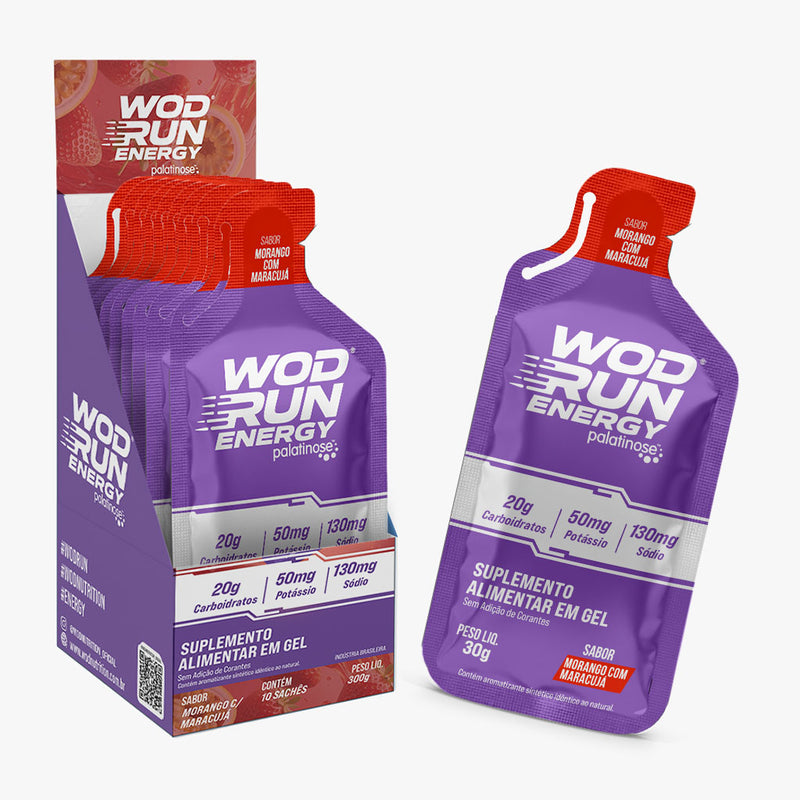 Energy Gel Wod Run 30g - Display C/ 10 Unidades - Morango C/ Maracujá - Carboidratos Palatinose, Maltodextrina e Frutose.