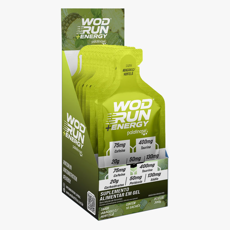 Energy Gel Wod Run+  30g - Display C/ 10 Unidades - Abacaxi C/ Hortelâ - Com Cafeína, Taurina e Carboidratos Palatinose, Maltodextrina e Frutose.