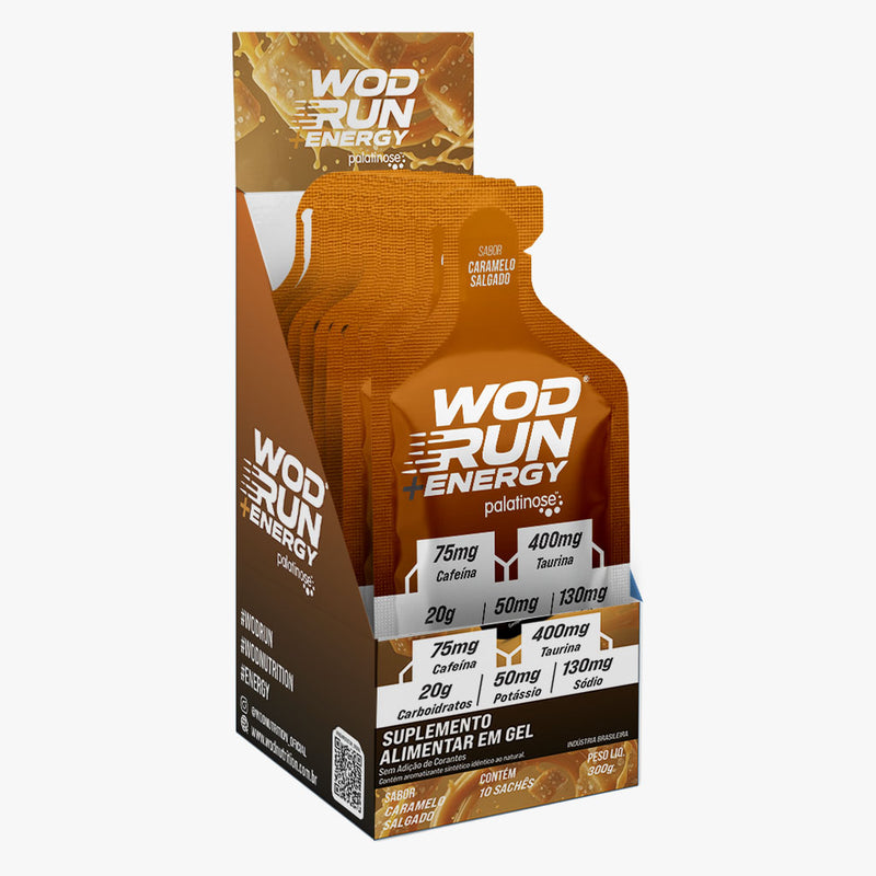 Energy Gel Wod Run+  30g - Display C/ 10 Unidades - Caramelo Salgado - Com Cafeína, Taurina e Carboidratos Palatinose, Maltodextrina e Frutose.