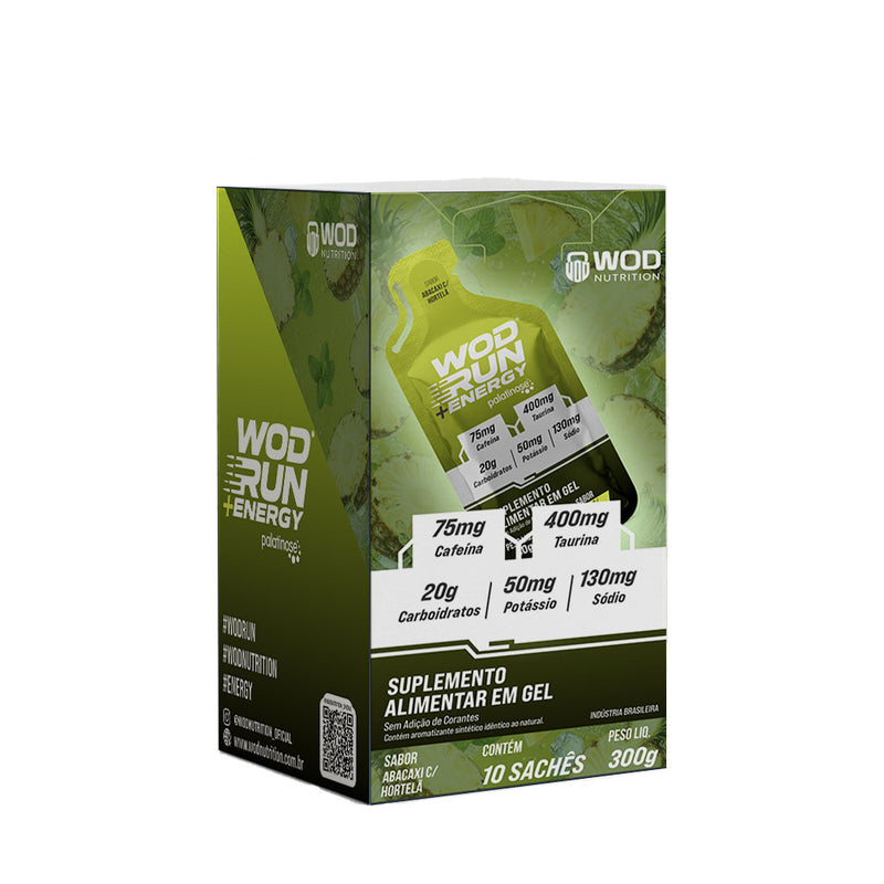 Energy Gel Wod Run+  30g - Display C/ 10 Unidades - Abacaxi C/ Hortelâ - Com Cafeína, Taurina e Carboidratos Palatinose, Maltodextrina e Frutose.